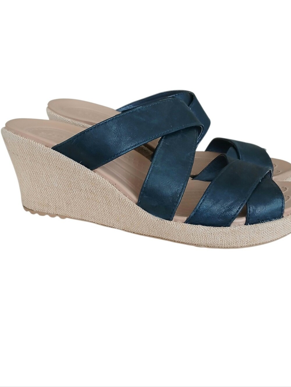 CROCS A-Leigh Crisscross Leather Wedge Espadrille Sandals Women's 9 Blue Summer